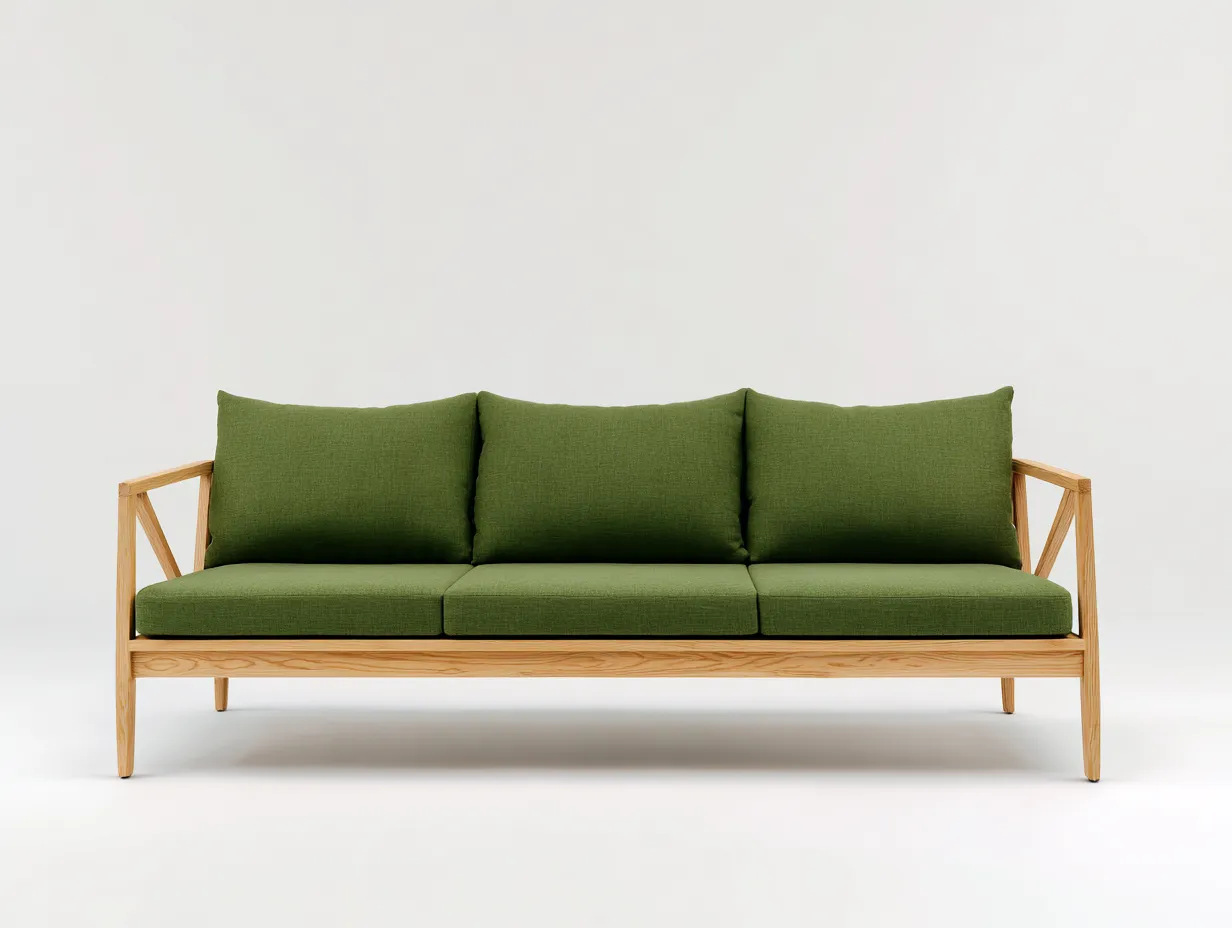 Sofás de exterior 218x80x78 cm - sofá de 3 plazas con estructura de madera y cojines verde oliva - diseño natural para terraza y jardín