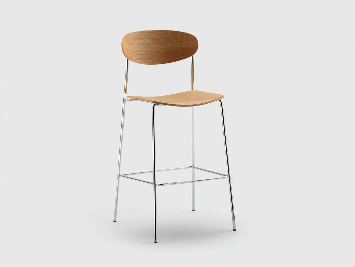Taburete de bar con respaldo curvo de madera y estructura metálica 45x43x98 cm - roble natural y cromado - para barra y cocina - estilo moderno ligero