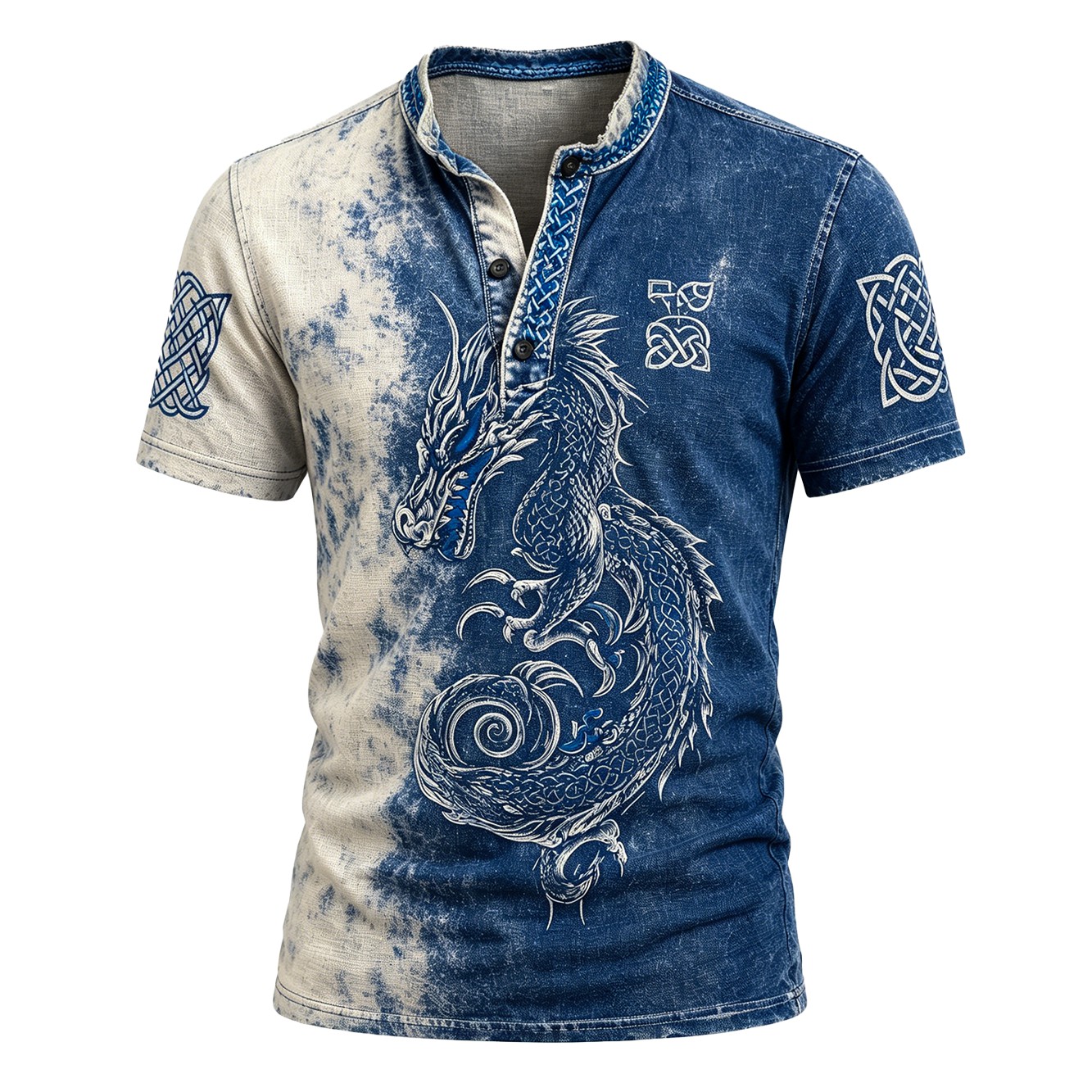 Dragon Blue Henley Shirt - NorseKin front view