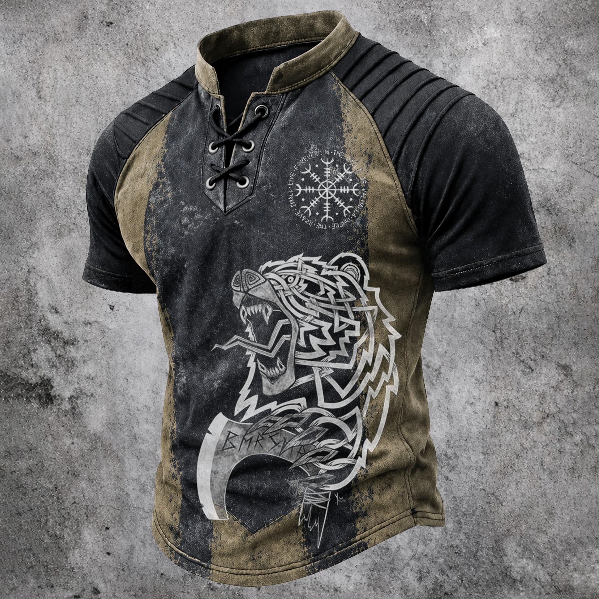 Norse Rune Distressed Pleated Henley Shirt - NorseKin detail view 2