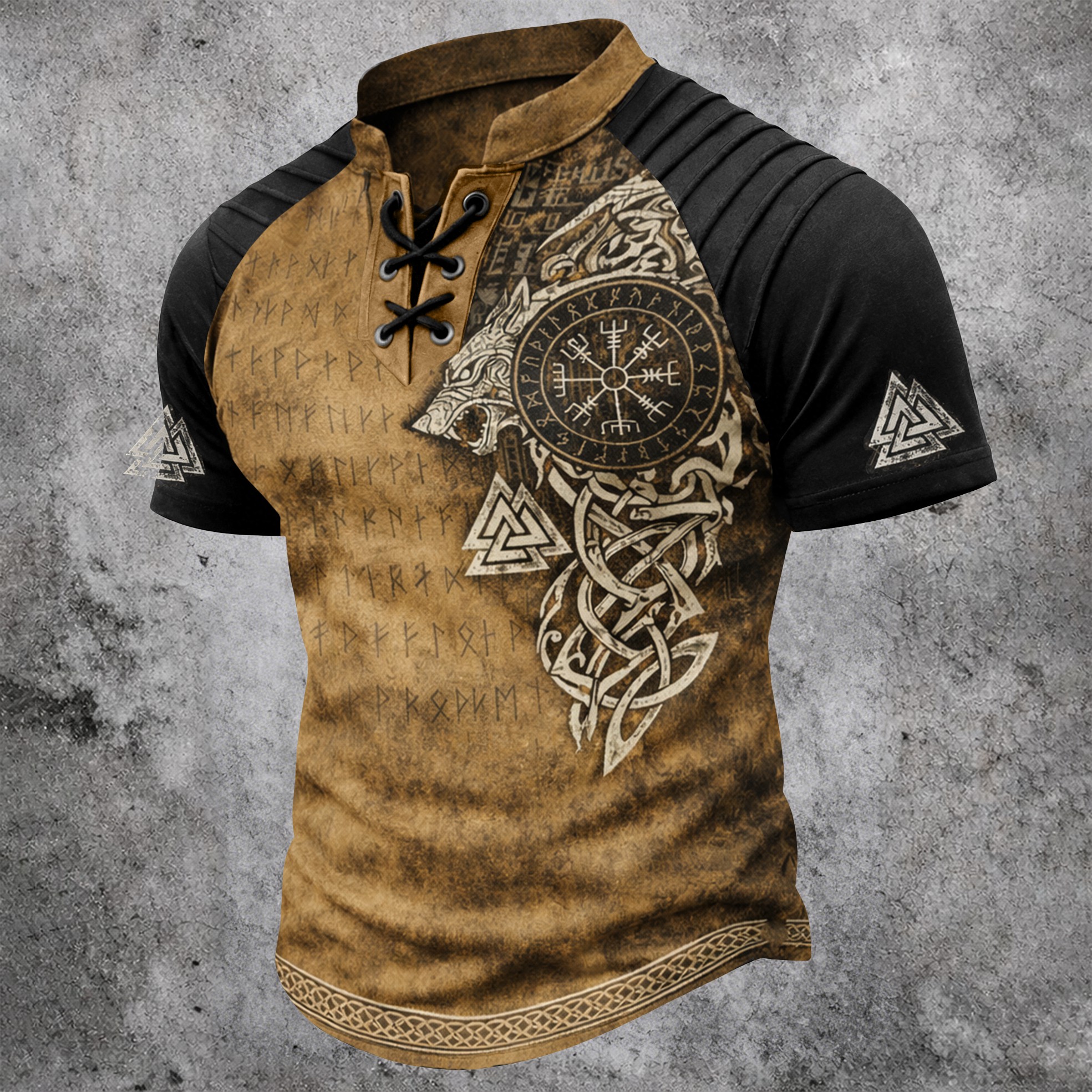 Rune Pleated Henley Shirt - NorseKin front view