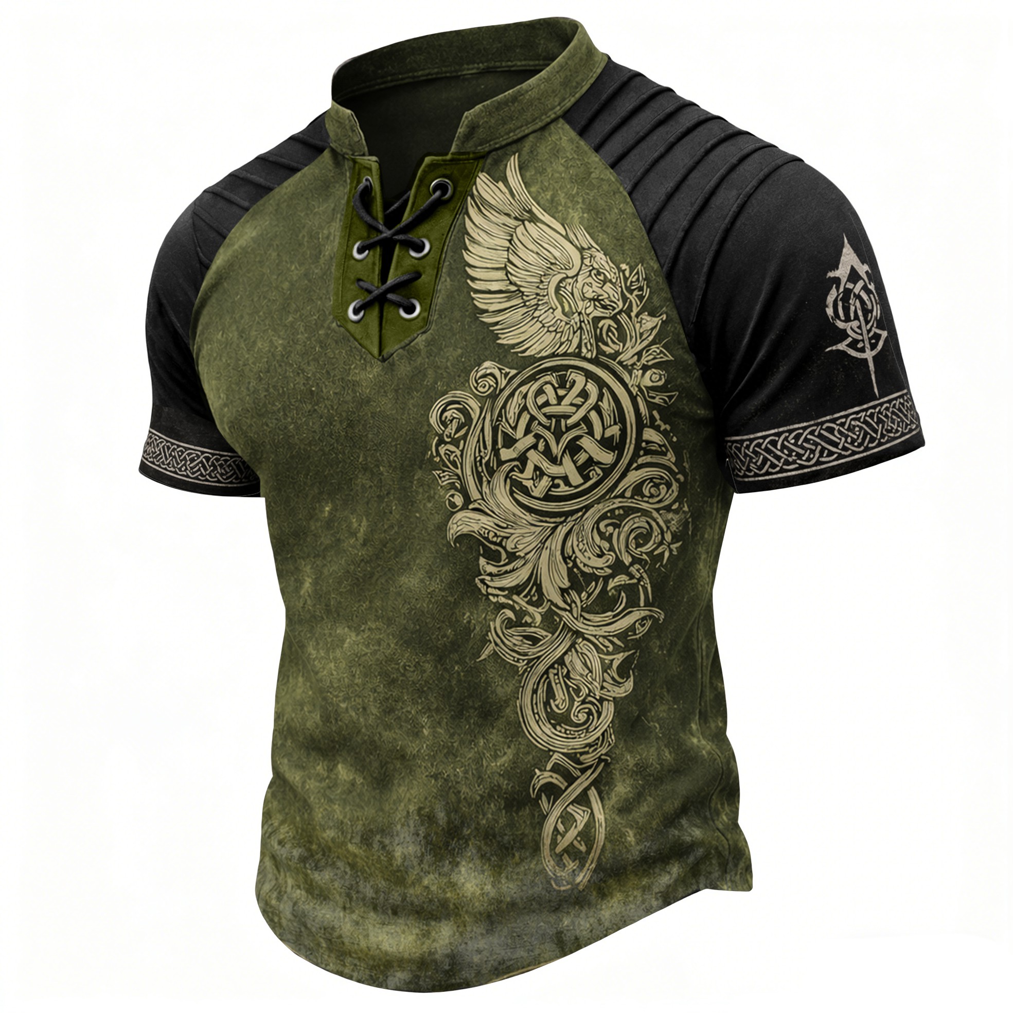 Norse Rune Olive Pleated Henley Shirt - NorseKin detail view 2