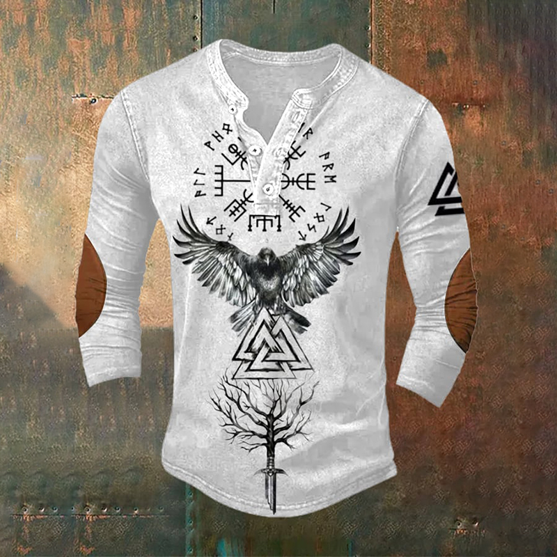 Viking Tribal Bird Graphic Long-Sleeve Henley - NorseKin detail view 3
