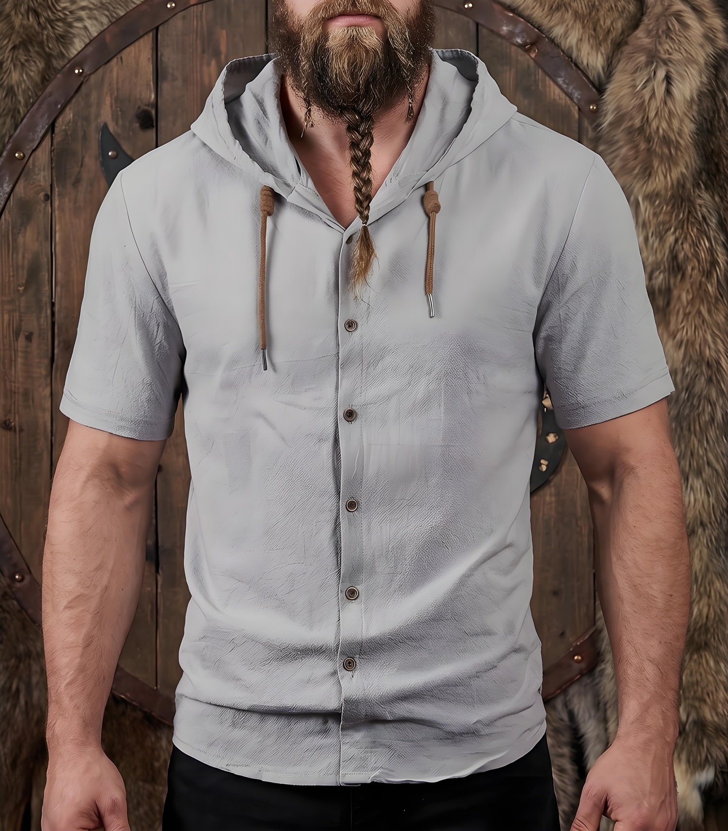 Light Grey Textured Hooded Button-Up Shirt - NorseKin front view