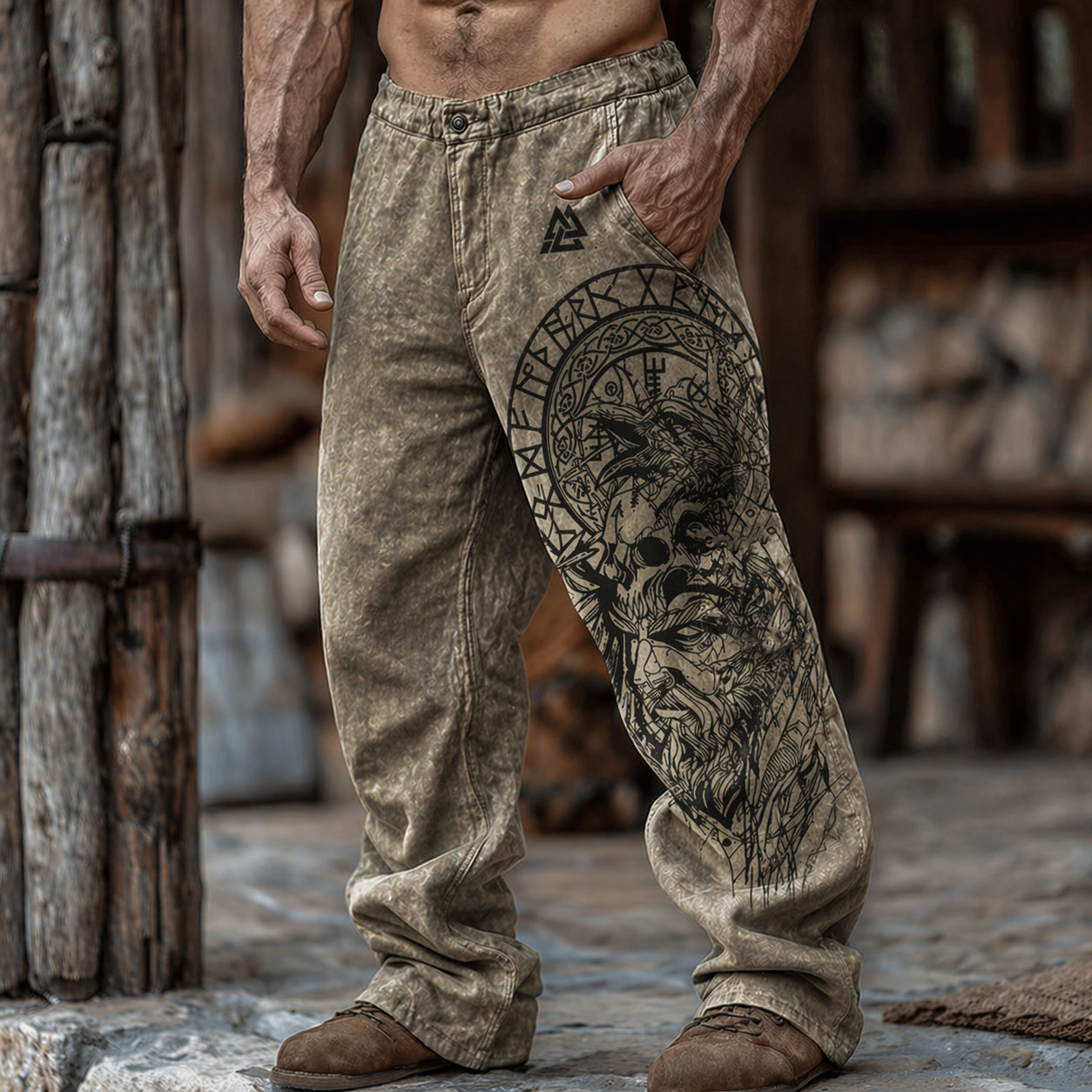 Viking Distressed Khaki Denim Pants - NorseKin detail view 2