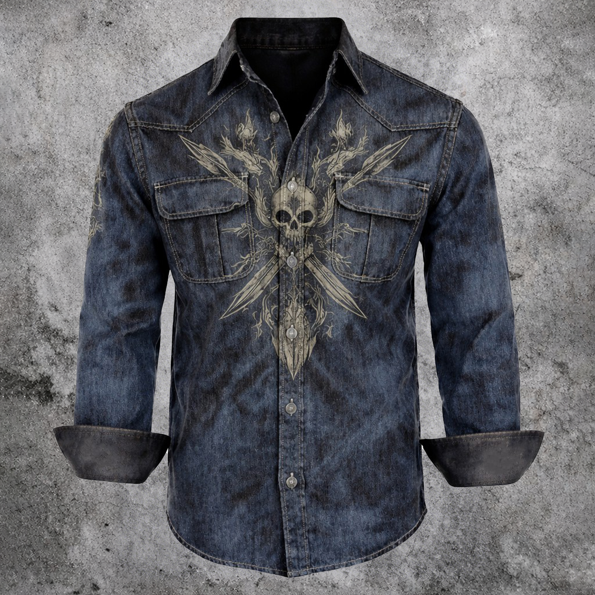 Skull Denim Pocket Shirt - NorseKin front view