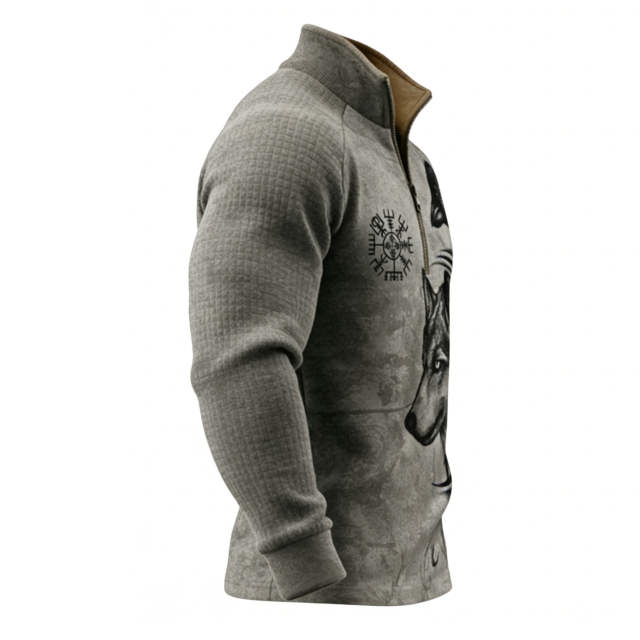 Norse Wolf & Raven Waffle-Knit Half-Zip Hoodie - NorseKin detail view 2
