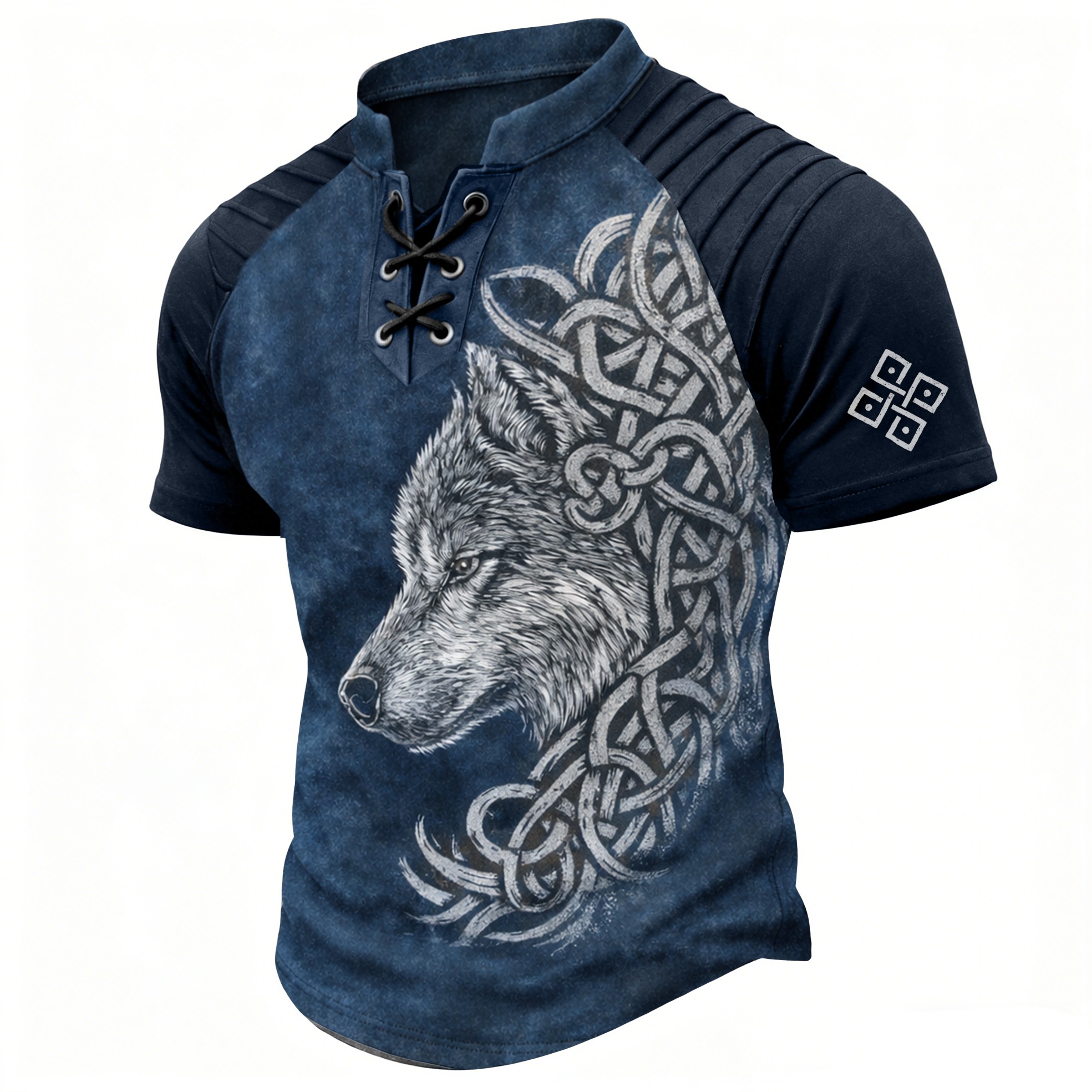 Wolf Blue Pleated Henley Shirt - NorseKin front view