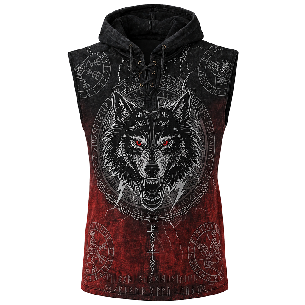 Wolf Textured Hooded Vest - NorseKin front view