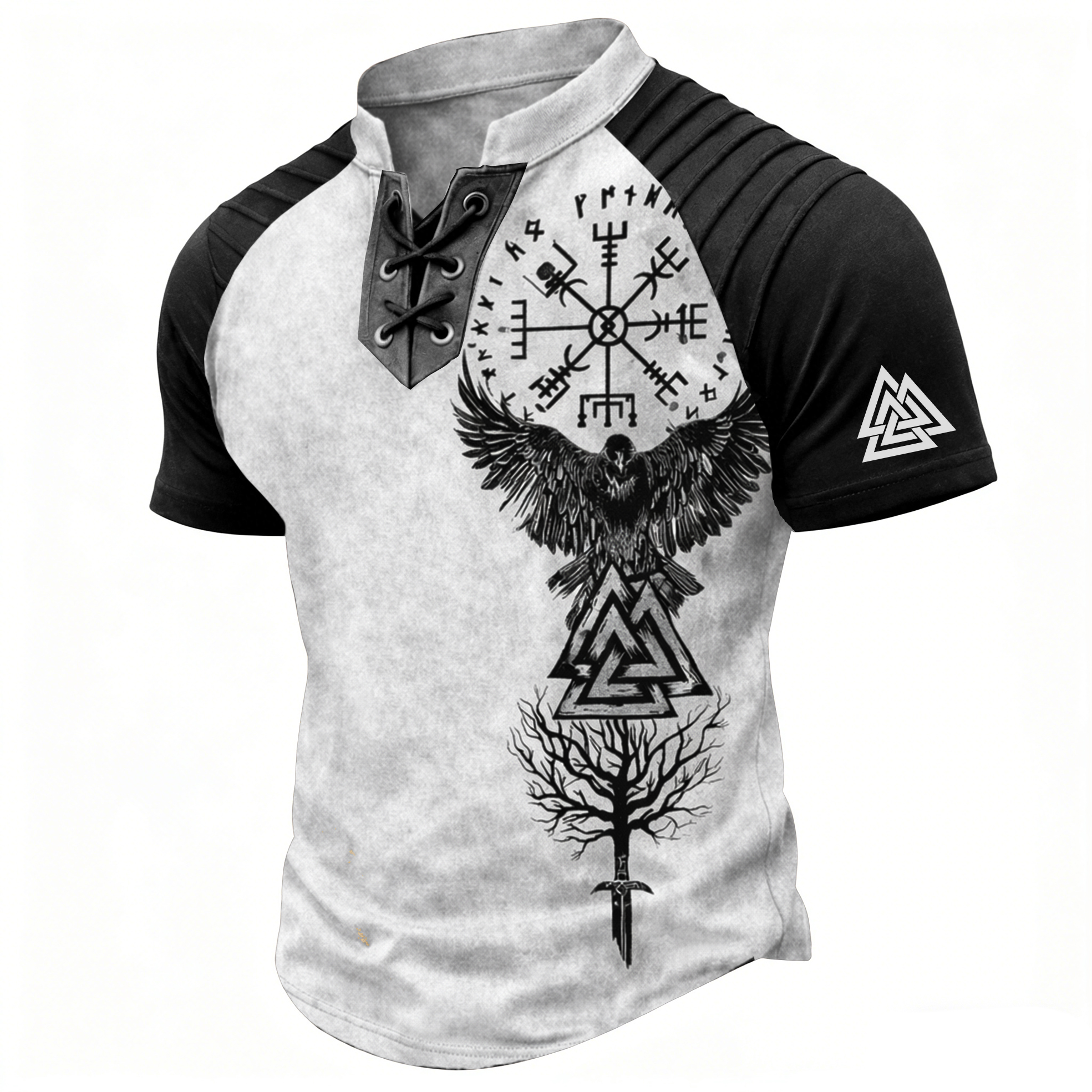 Norse Rune White Pleated Henley Shirt - NorseKin detail view 2