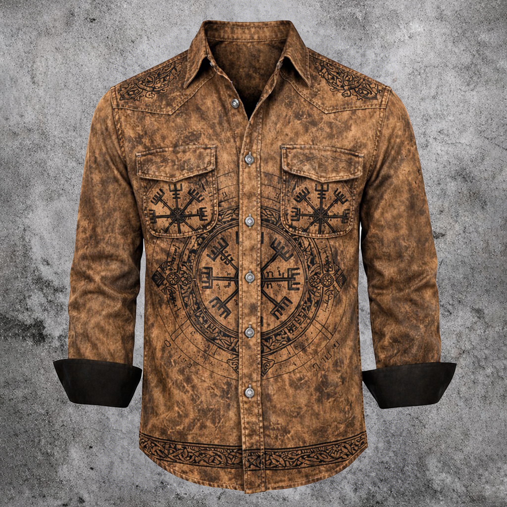 Norse Rune Brown Button-Down Shirt - NorseKin front view