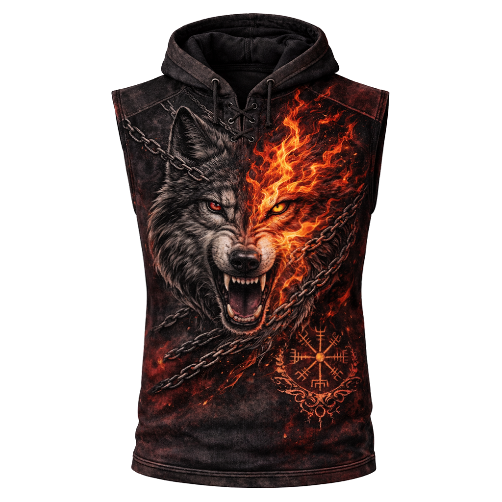 Wolf Textured Hooded Vest - Lace-Up - NorseKin front view