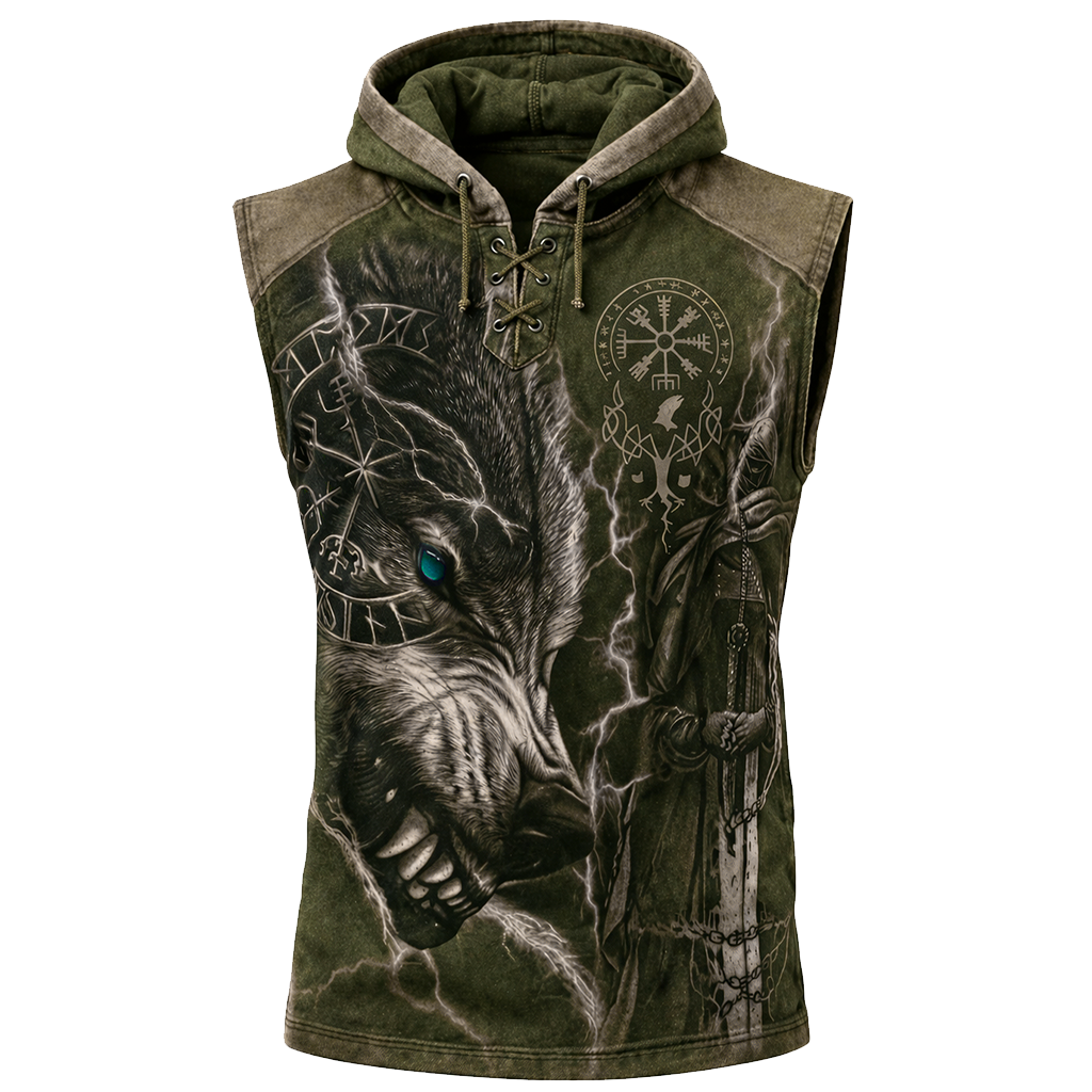 Wolf Textured Hooded Vest - Fenrir - NorseKin front view