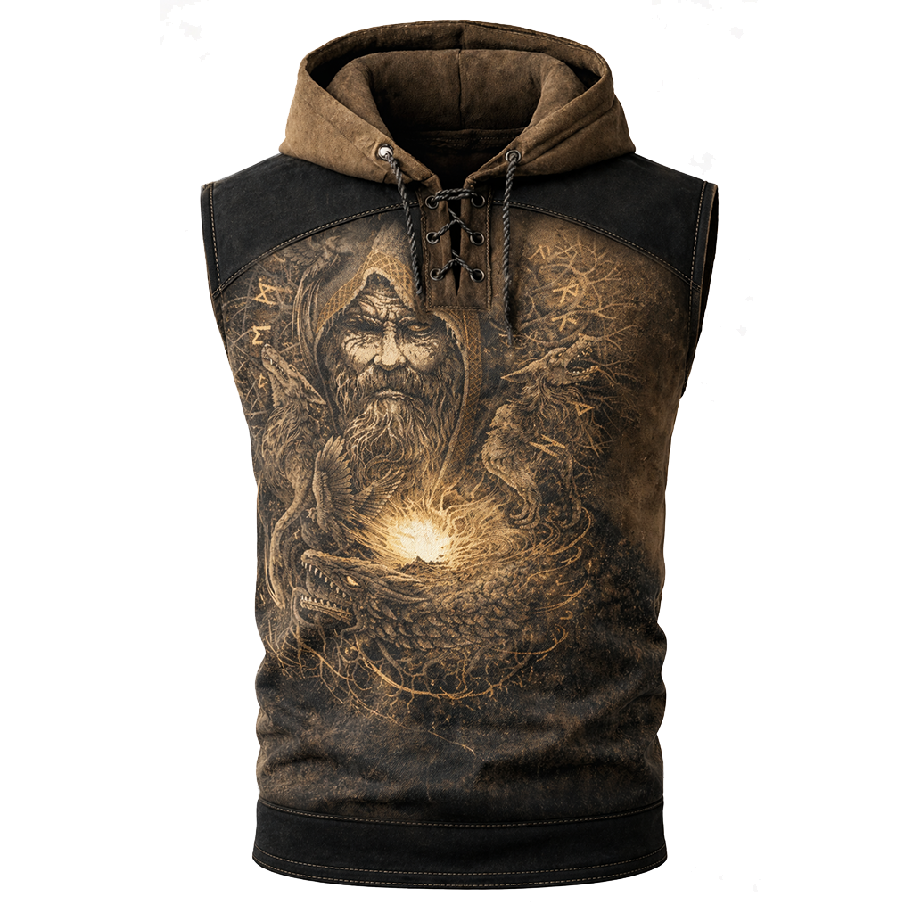 Norse Rune Textured Hooded Vest - Lace-Up - NorseKin front view