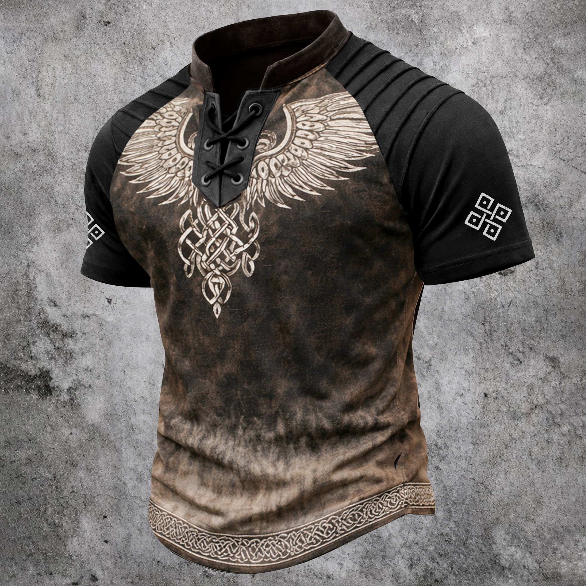 Celtic Knot Distressed Pleated Henley Shirt - NorseKin front view