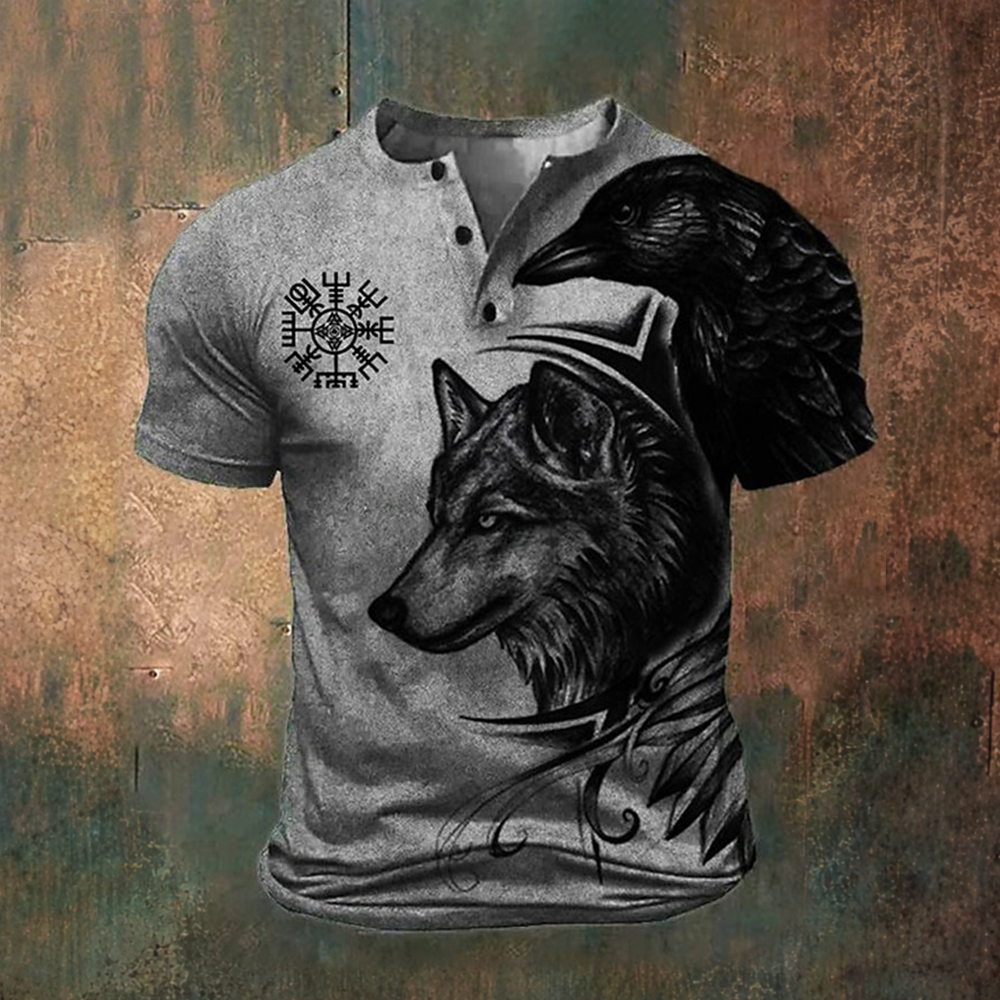 Retro Viking Wolf Graphic Henley Shirt - NorseKin front view