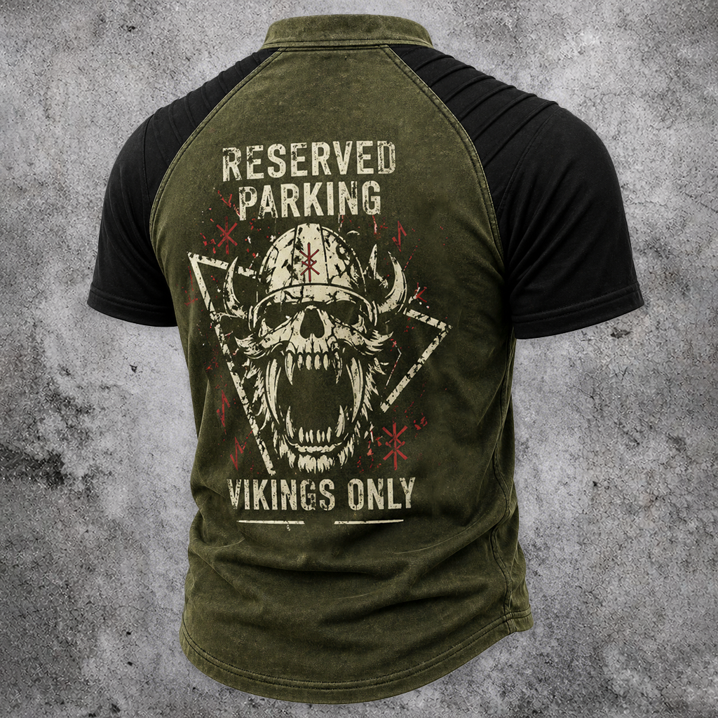 Skull Distressed Pleated Henley Shirt - NorseKin detail view 2