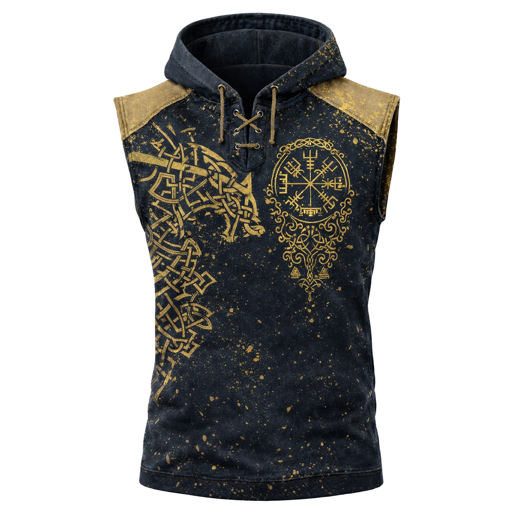 Wolf Textured Hooded Vest - Vegvisir - NorseKin front view
