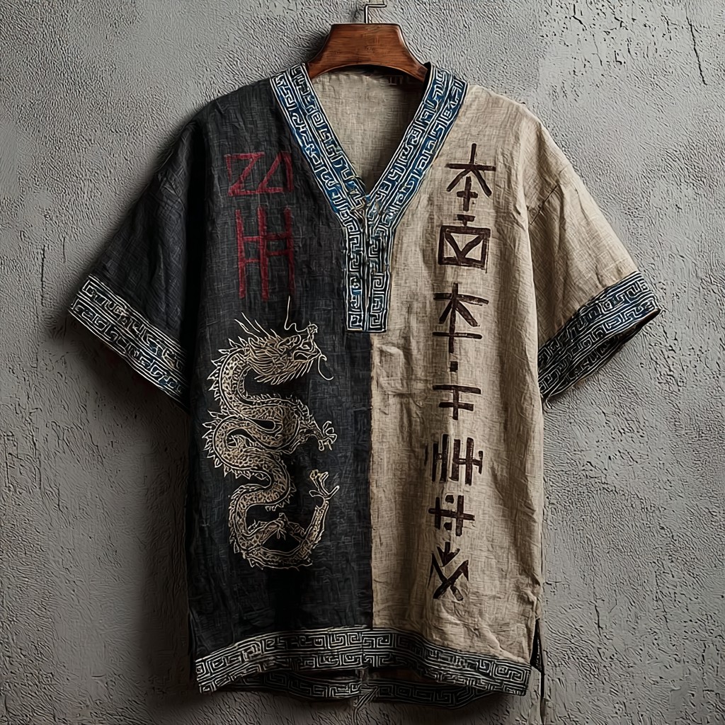 Dragon Linen V-Neck Tee - NorseKin front view