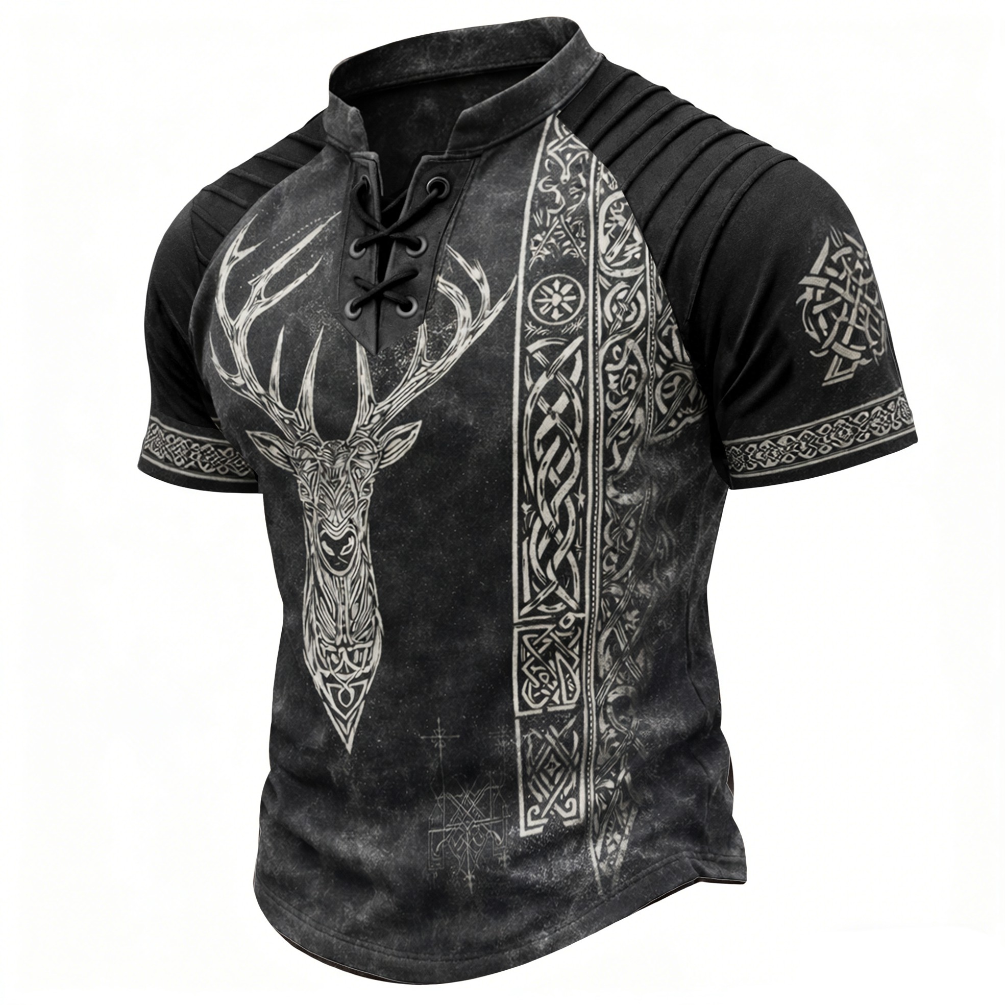 Norse Rune Pleated Henley Shirt - NorseKin front view
