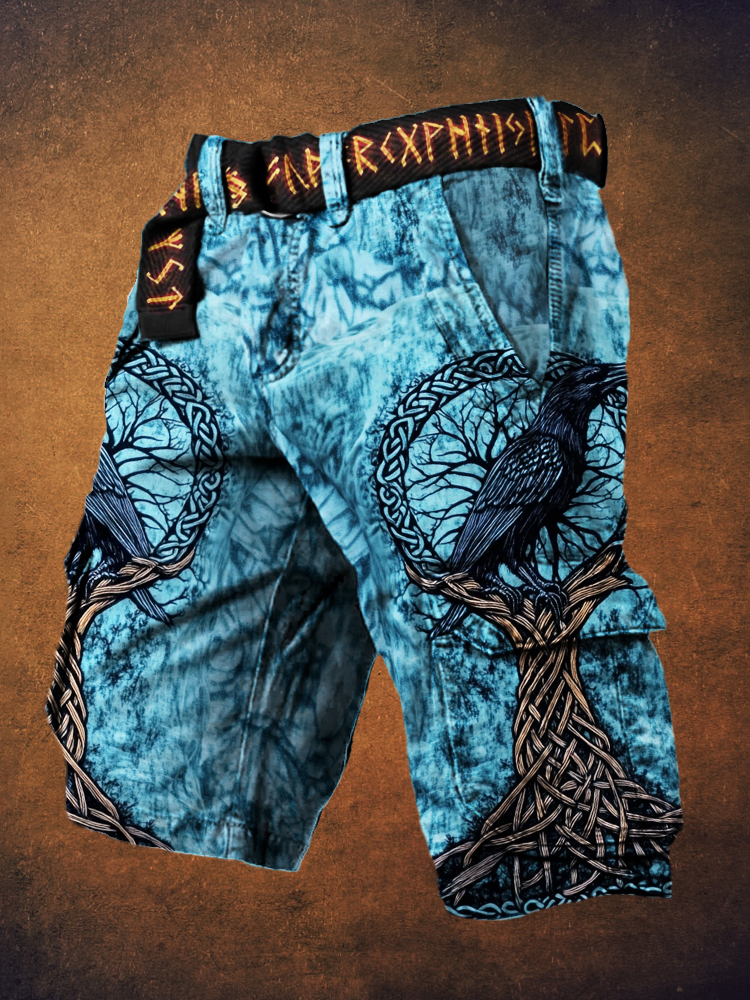 Viking Life Tree & Raven Rune Graphic Cargo Shorts - NorseKin front view