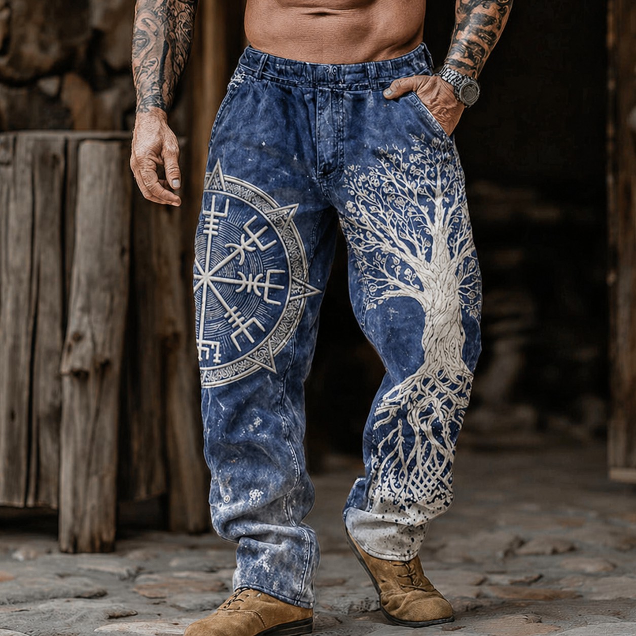Yggdrasil Blue Denim Pants - NorseKin front view