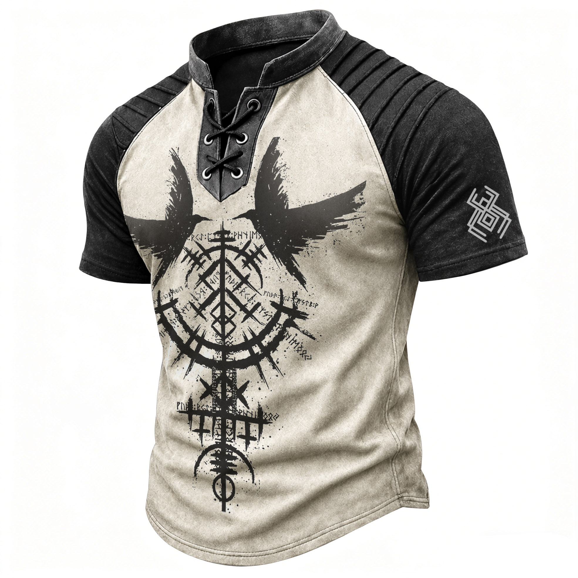 Norse Rune Pleated Henley Shirt - NorseKin front view