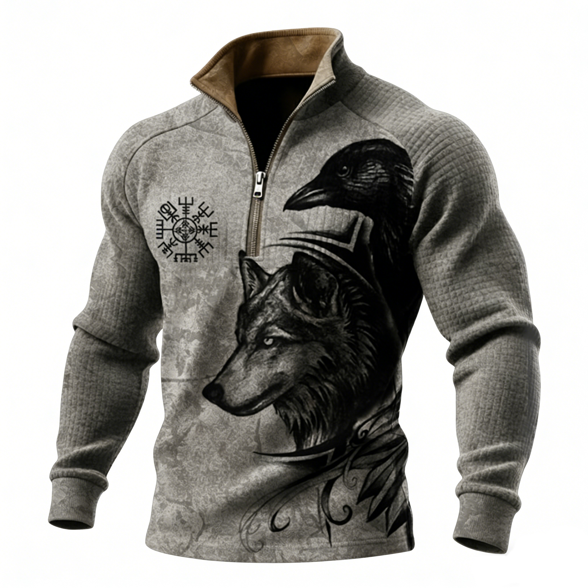 Norse Wolf & Raven Waffle-Knit Half-Zip Hoodie - NorseKin detail view 4