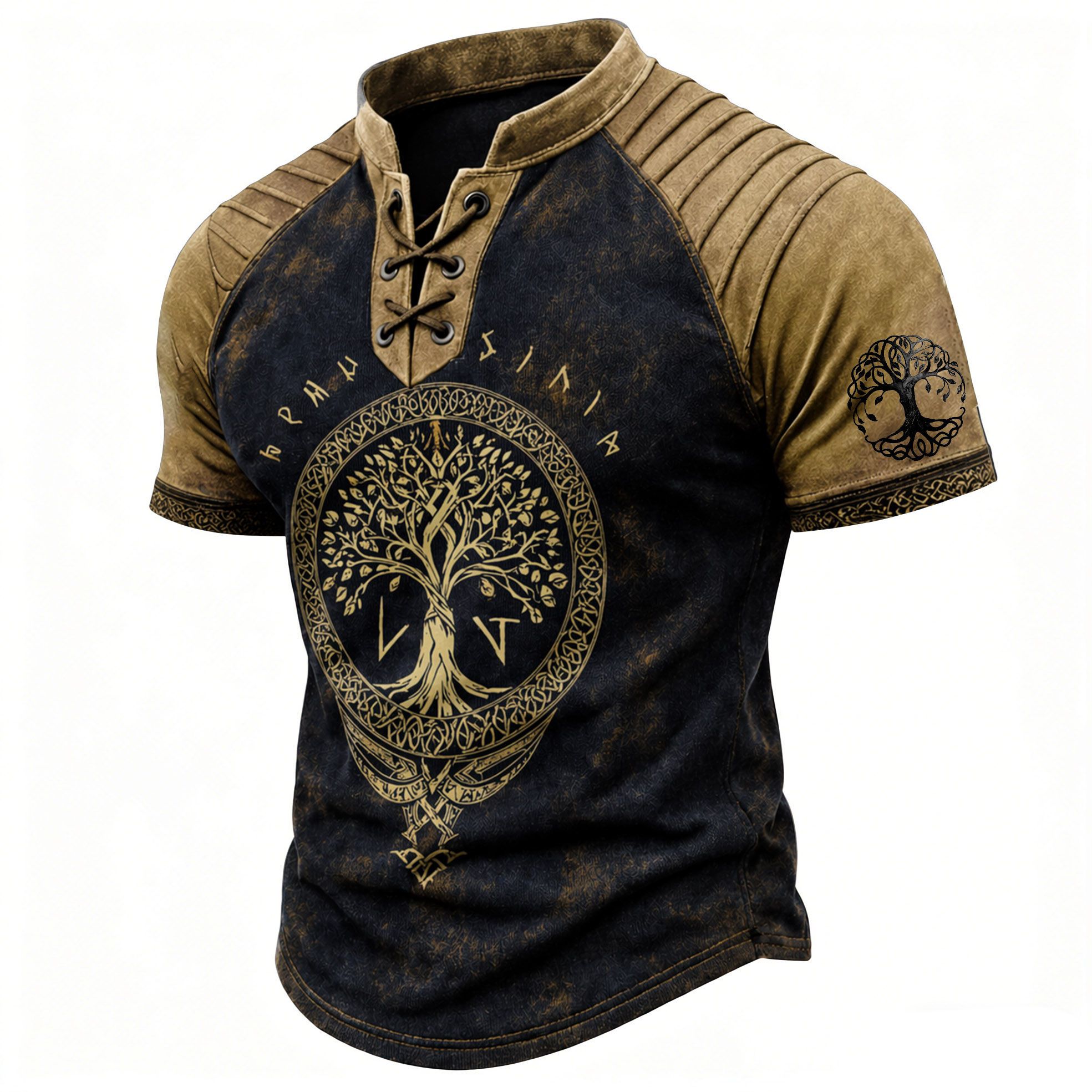 Yggdrasil Distressed Pleated Henley Shirt - NorseKin front view