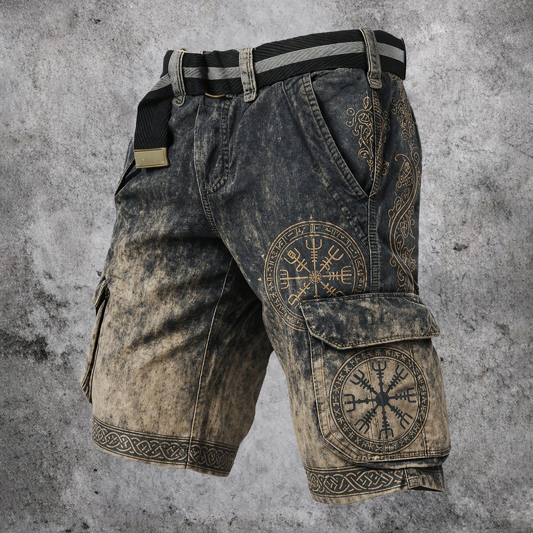 Norse Rune Washed Black Cargo Shorts - NorseKin front view