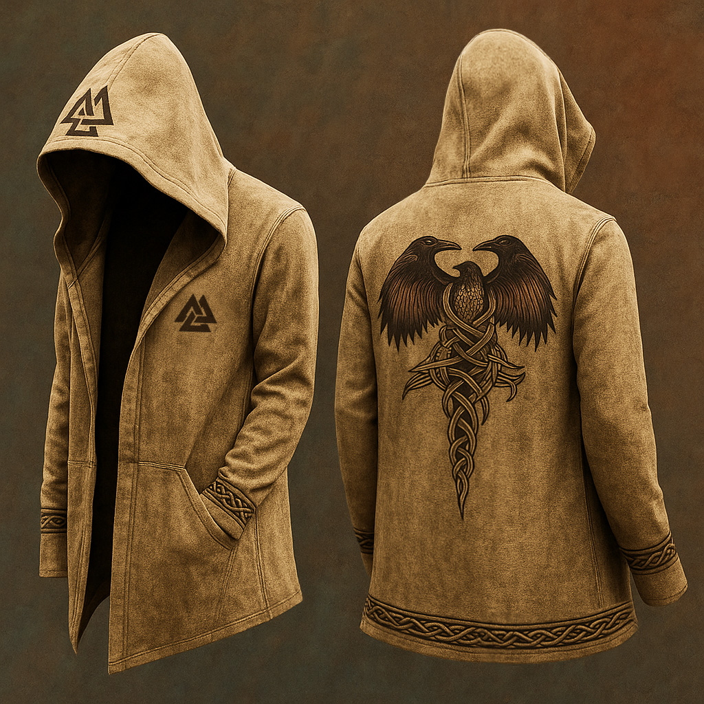 Nordic Eagle Viking Graphic Vintage Hooded Coat - NorseKin front view