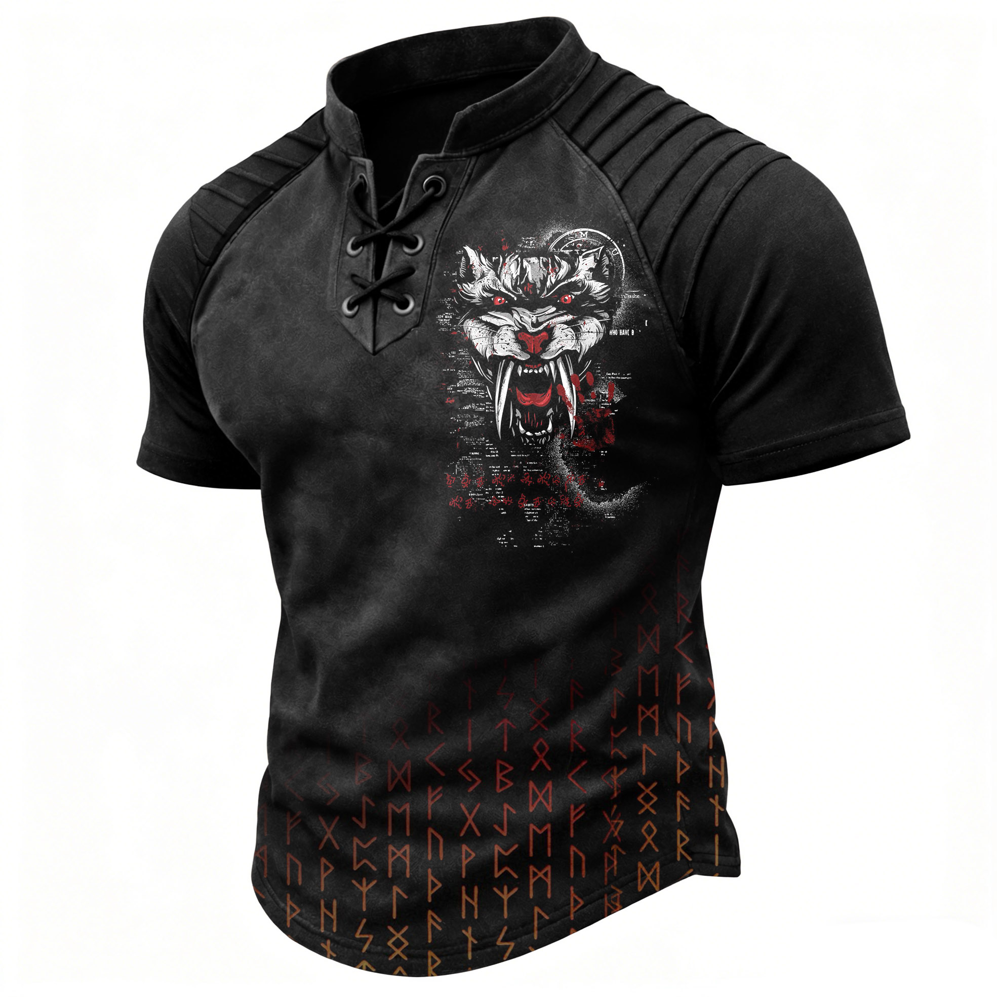 Wolf Pleated Henley Shirt - NorseKin front view