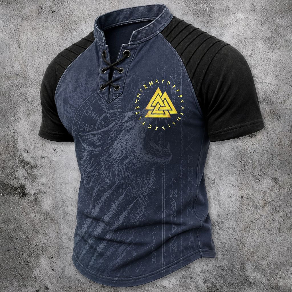Wolf Pleated Henley Shirt - NorseKin detail view 2