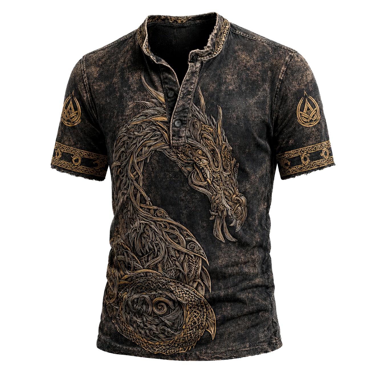 Dragon Black Henley Shirt - NorseKin front view
