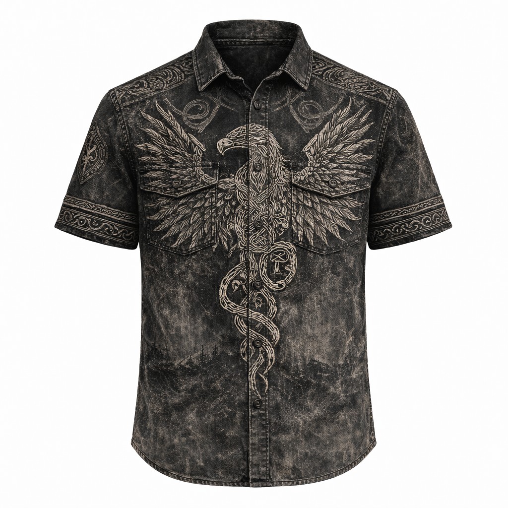 Norse Rune Washed Black Shirt - NorseKin detail view 4