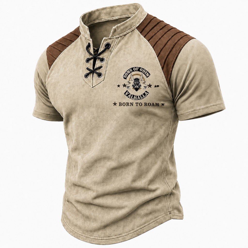 Norse Rune Brown Pleated Henley Shirt - NorseKin front view