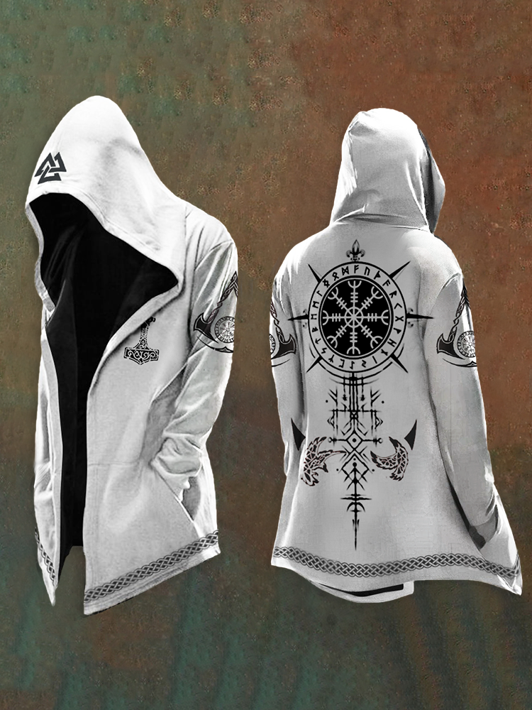Odin's Raven Totem Graphic Vintage Hooded Coat - NorseKin front view