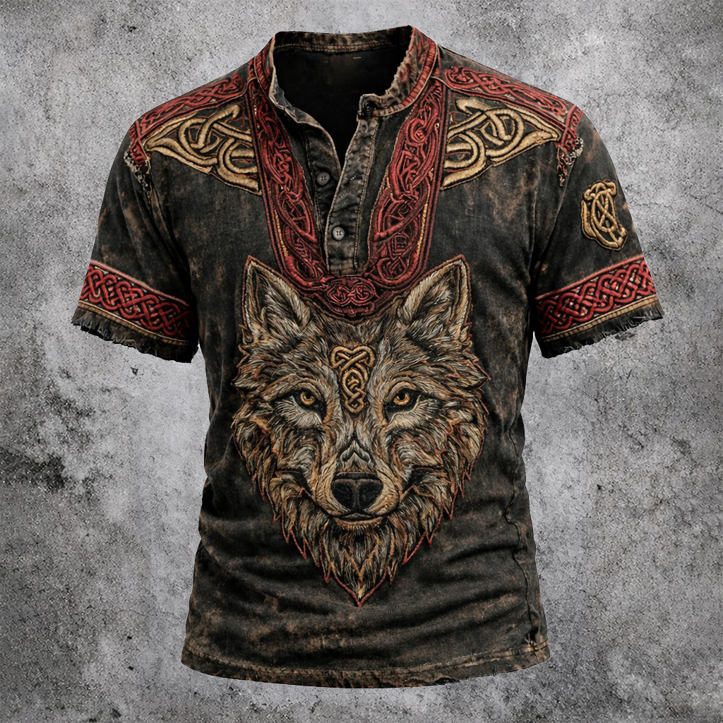 Wolf Distressed Henley Shirt - NorseKin front view