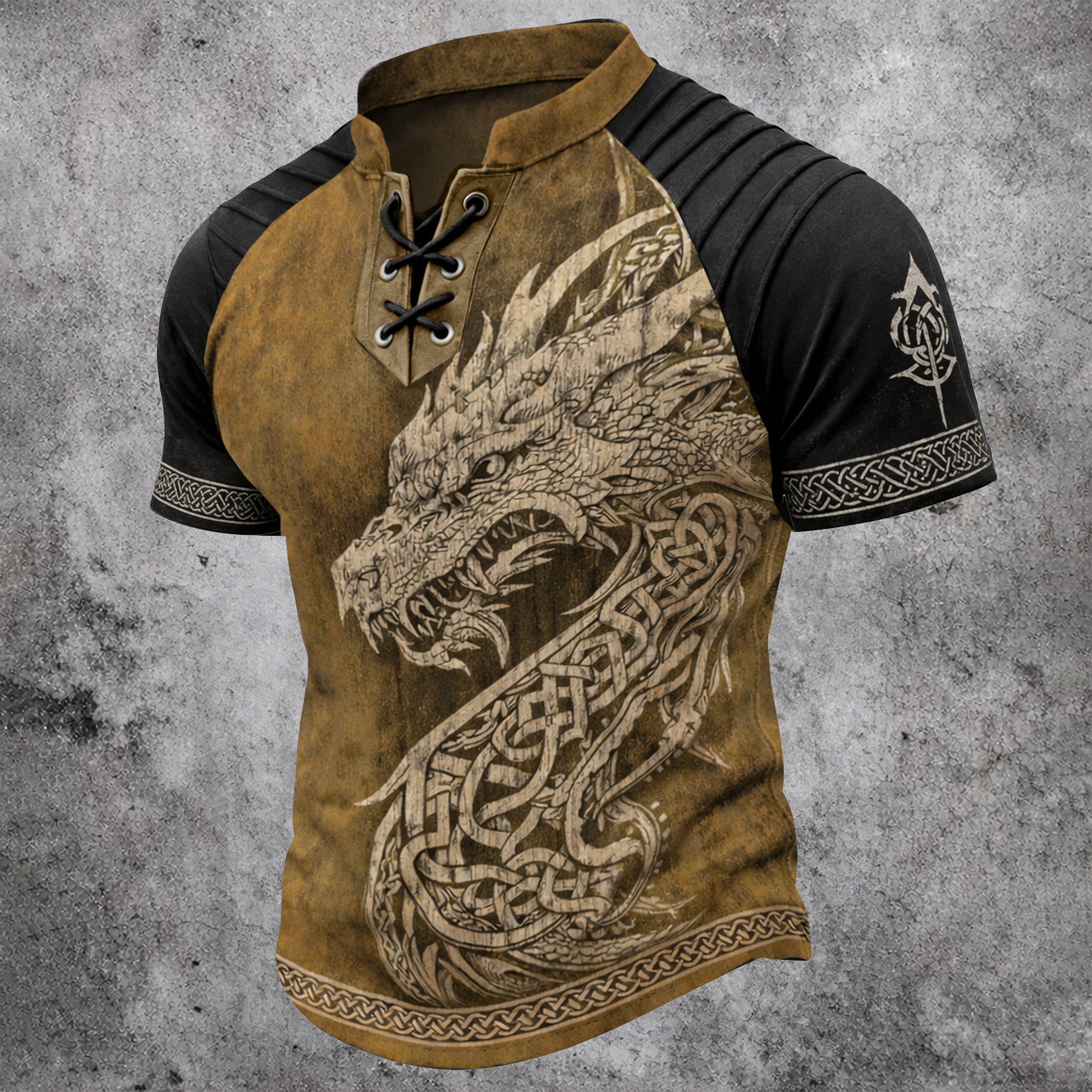 Dragon Pleated Henley Shirt - NorseKin front view