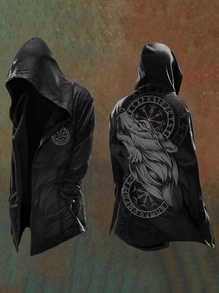 Norse Mythology Wolf Graphic Vintage Hooded Coat - NorseKin front view