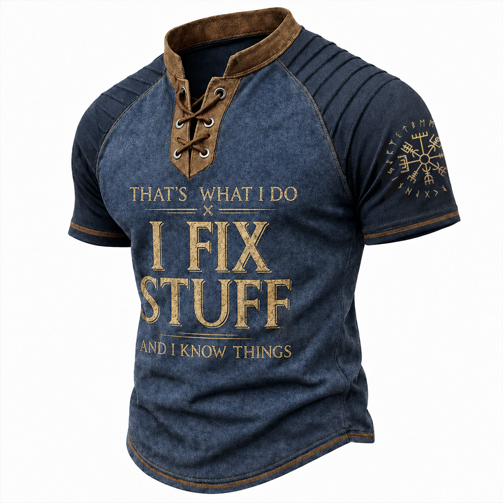 Norse Rune Blue Pleated Henley Shirt - NorseKin front view