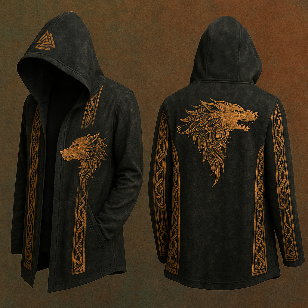 Nordic Wolf Graphic Vintage Hooded Coat - NorseKin front view
