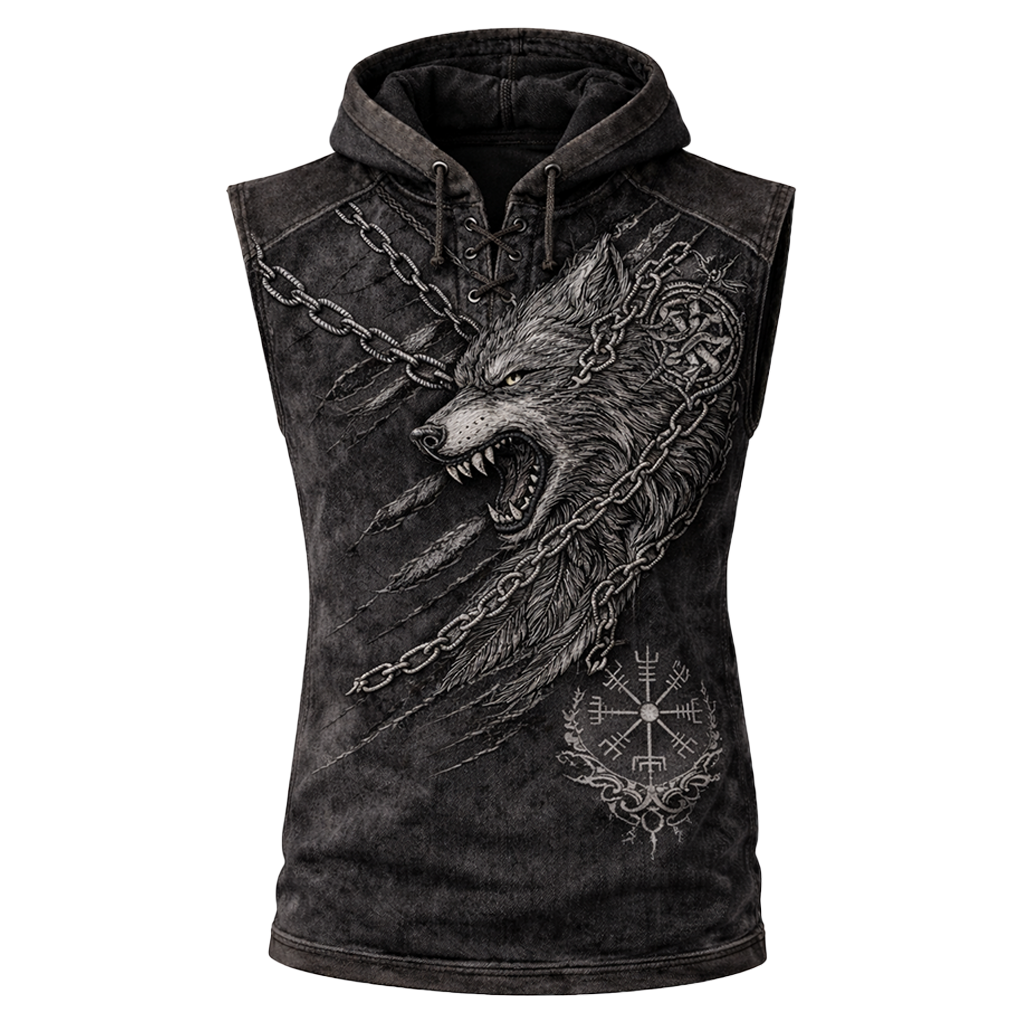 Wolf Textured Hooded Vest - Black - NorseKin front view