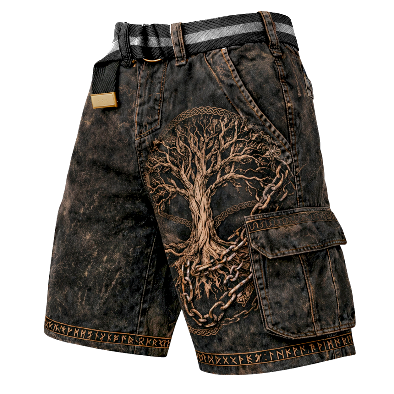 Yggdrasil Distressed Cargo Shorts - NorseKin front view