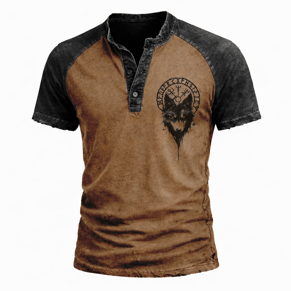 Wolf Distressed Henley Shirt - NorseKin detail view 4