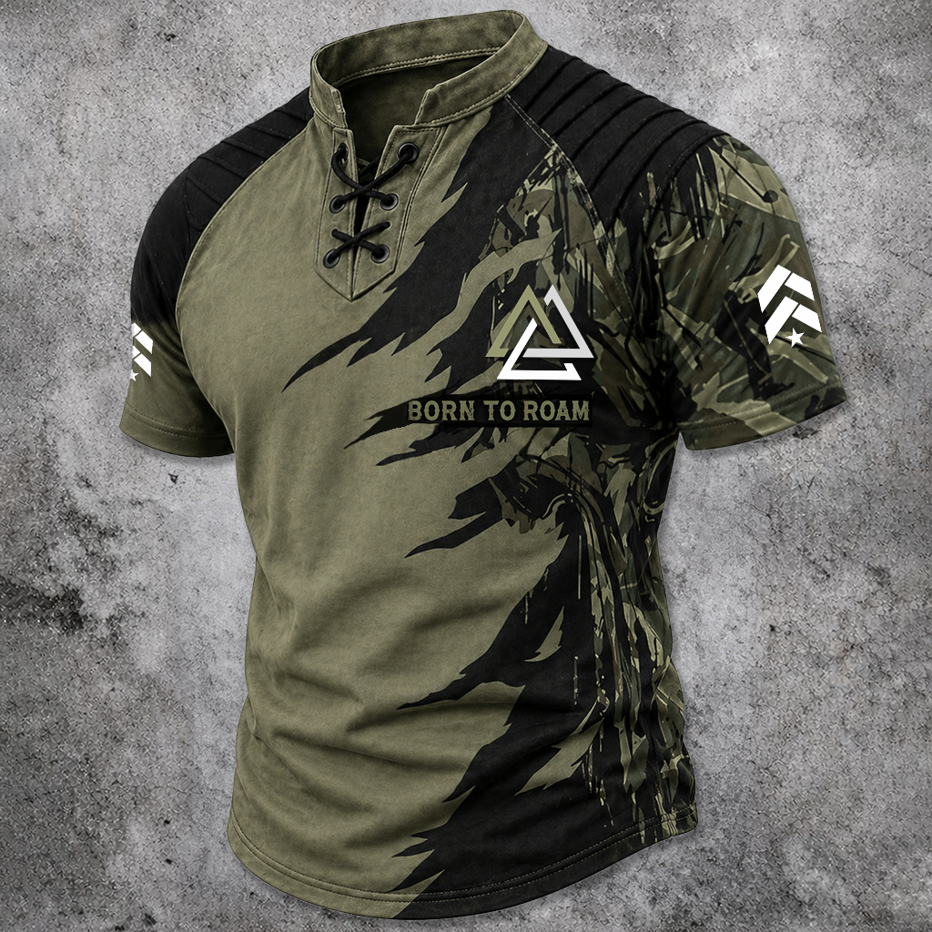 Norse Rune Olive Pleated Henley Shirt - NorseKin detail view 2