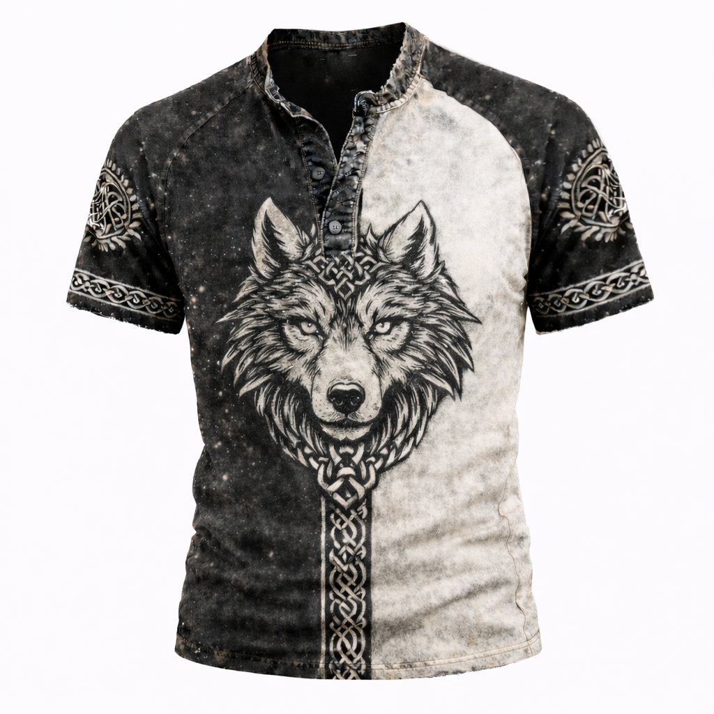Wolf Distressed Henley Shirt - NorseKin detail view 2