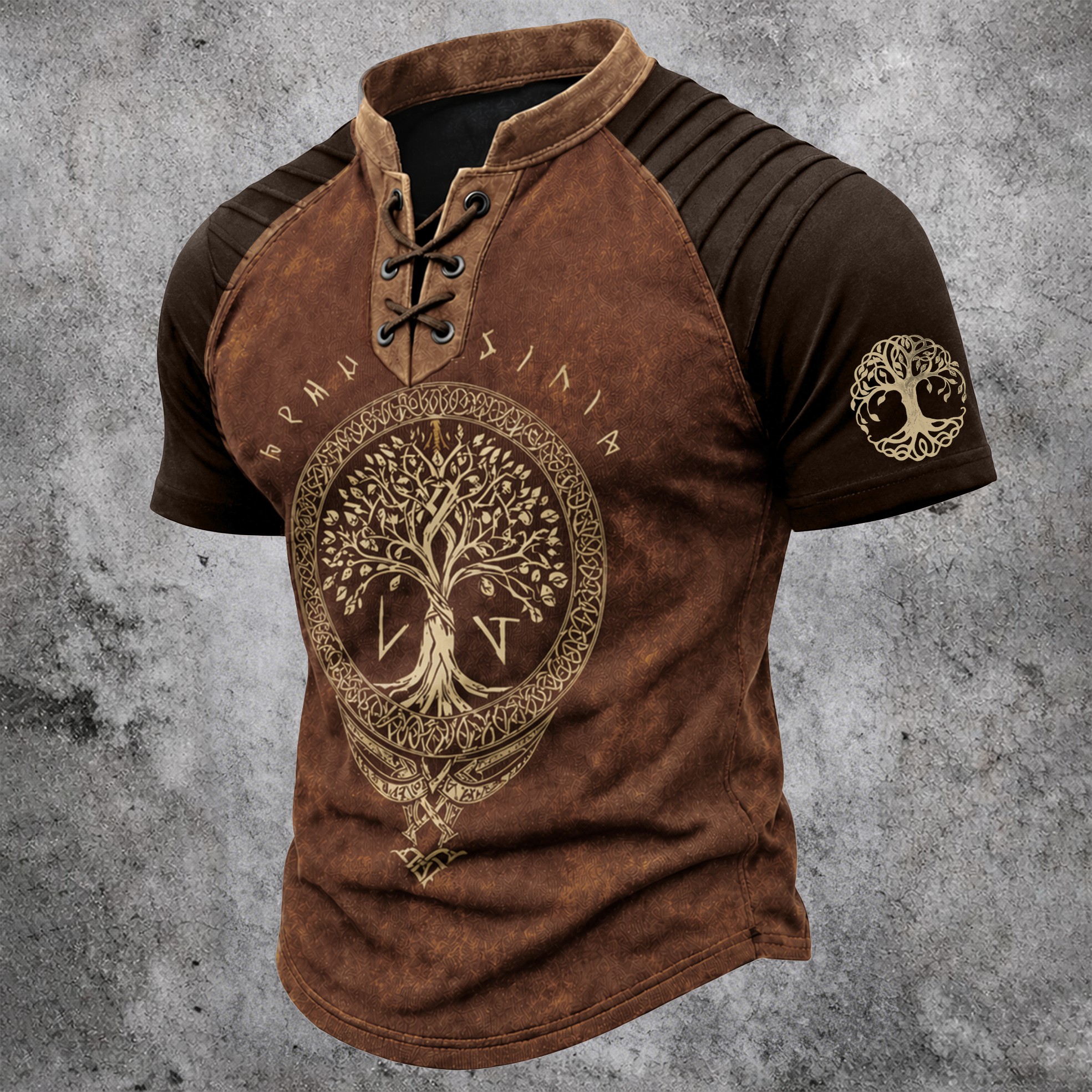 Yggdrasil Distressed Pleated Henley Shirt - NorseKin detail view 2