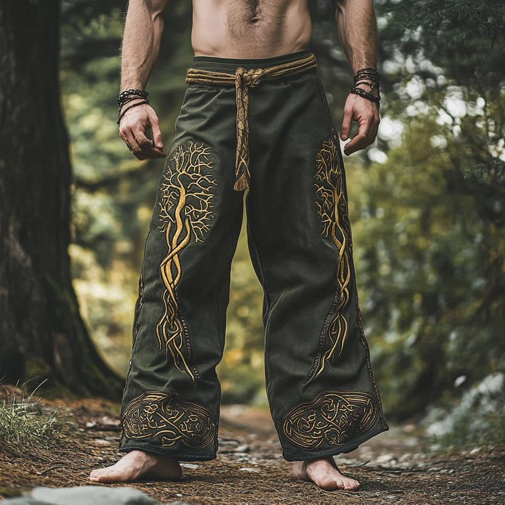 Celtic Tree of Life Tribal Vintage Knot Linen Pants - NorseKin front view