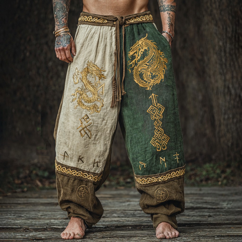 Dragon Patchwork Linen Jogger Pants - NorseKin front view